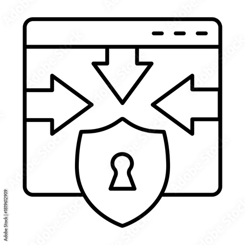 Website and arrows at shield with keyhole thin line icon, osint analytics concept. Vector graphics. Privacy lock, safety sign on white background, style icon mobile or web design.
