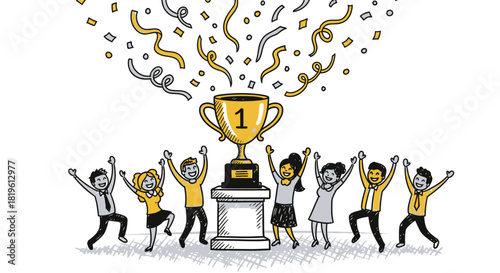 A group of diverse people celebrating a victory with a golden trophy and confetti.