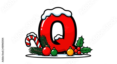 Christmas letter Q decorated with snow and colorful ornaments  