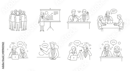 Business meeting and presentation icons set.