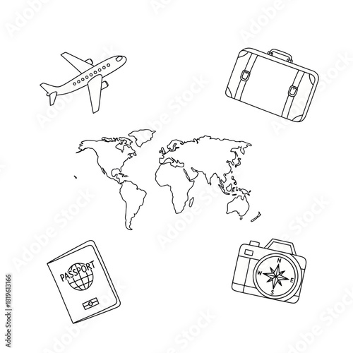 Travel elements including airplane, suitcase, passport, and world map  