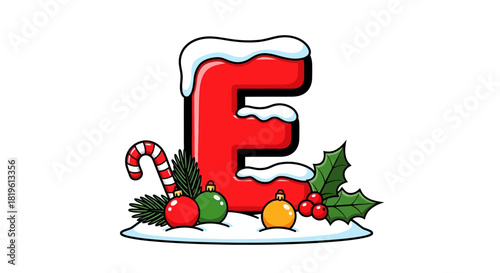 Festive letter E covered in snow with Christmas decorations  