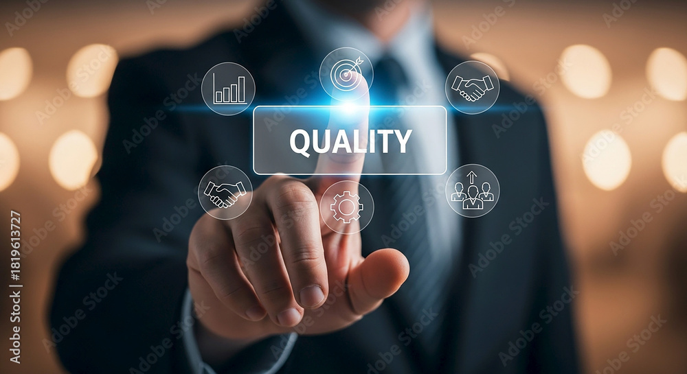 Fototapeta premium A person in a suit touching a quality button with icons around it in a digital interface