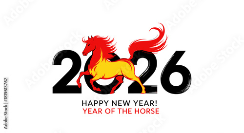 Year of the Horse 2026 with red horse illustration and text  