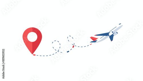 Airplane flying from location pin on white background  