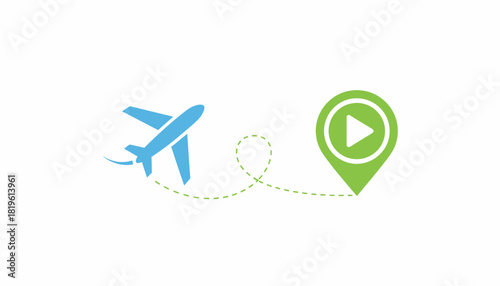 Airplane icon flying with travel marker and play button graphic  