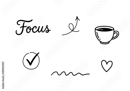 Minimalistic doodles of focus, coffee cup, heart, and checkmark  
