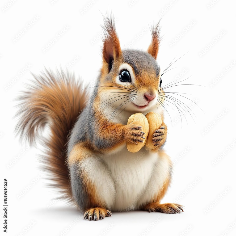 Fototapeta premium Cute squirrel holding peanuts, isolated on white background