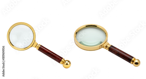 Pair of Golden Magnifying Glasses with Polished Wood Handles on a Solid Dark Field