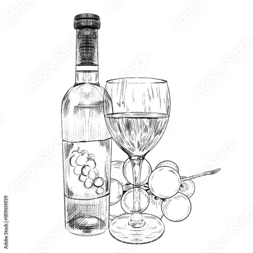 Bottle, glass of wine and grape branch with bunches of round grapes. Concept of winemaking, production and sale of wine, growing grapes. Vector illustration for menus, web, info graphics, labels.