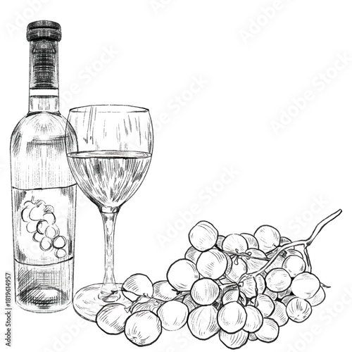 Bottle, glass of wine and grape branch with round grapes. Concept of winemaking, production and sale of wine, growing grapes. Vector illustration for menus, web, info graphics, labels.