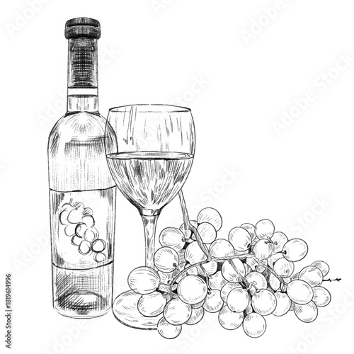 Bottle, glass of wine and grape branch with round grapes. Concept of winemaking, production and sale of wine, growing grapes. Vector illustration for menus, web, info graphics, labels.