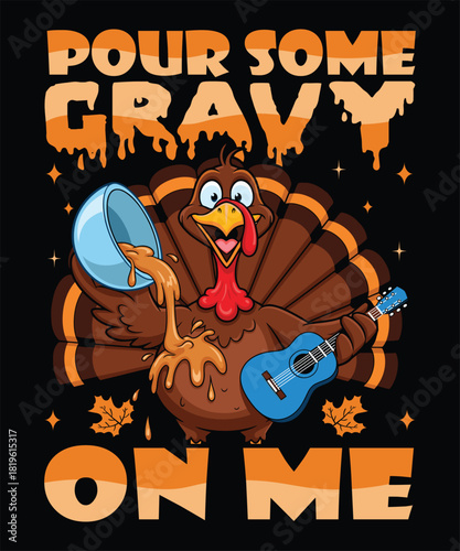Humorous Thanksgiving Turkey Mascot with Guitar and Gravy
