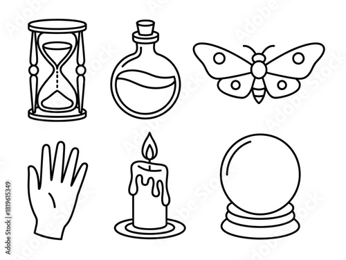 Line art illustration of mystical objects on white background