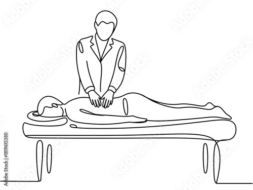 Continuous line drawing of massage therapy on a massage table