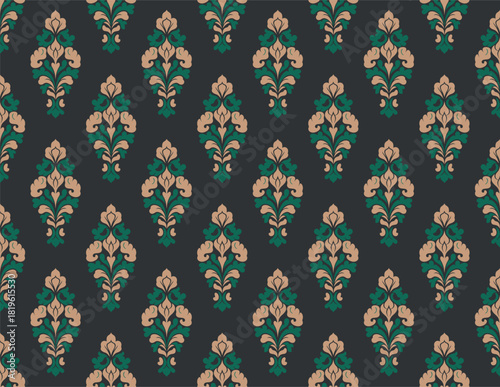 Vintage Floral Damask Seamless Pattern on Dark Background.