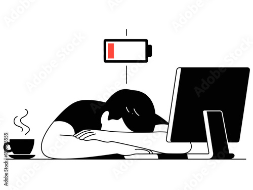 Person sleeping at desk with low battery icon and cup of coffee
