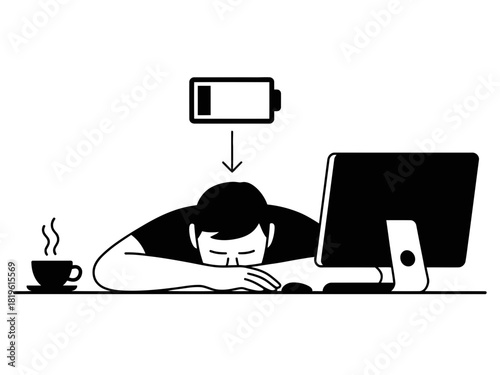 Person sleeping at desk with low battery icon above their head