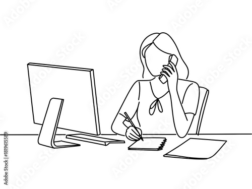 Woman on phone taking notes at desk with computer illustration