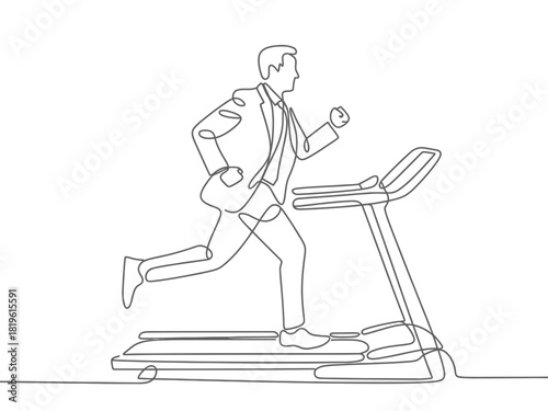 Continuous line drawing of a businessman running on a treadmill