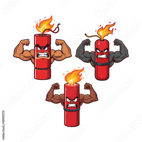 Three cartoon dynamite sticks with muscular arms flexing and burning fuses vactor bomb