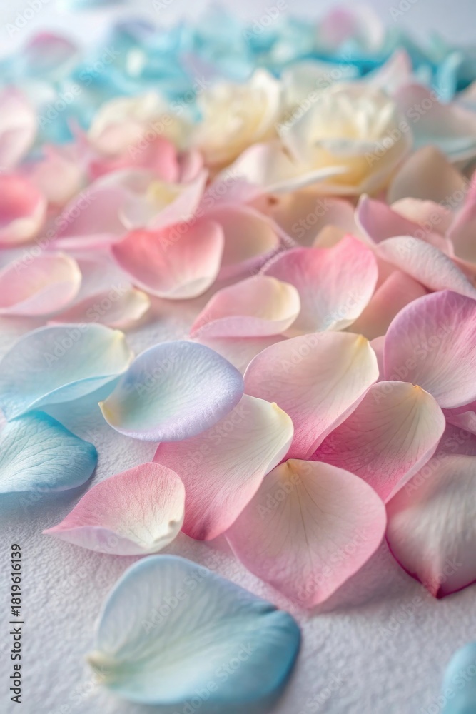 Fototapeta premium Pastel rose petals in shades of pink, blue, and white on white background