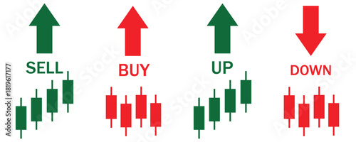 Financial Trading Banner & Market Signals Icon Set – Buy Sell Arrows, Candlestick
 Chart Elements & Investment Web Promo Vector