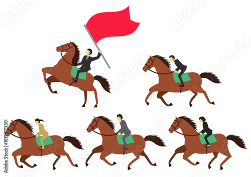 スーツを着て馬に乗るビジネスマンのイラストのセット_男性リーダー
