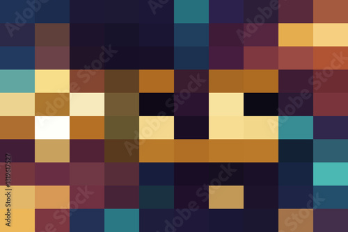 Abstract pixelated mosaic pattern featuring a stylized, dark, catlike face with glowing yellow eyes against a deep blue and brown background