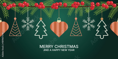 Festive christmas greeting card design with hanging ornaments, snowflakes, pine branch, and red berry decoration on dark green background vector illustration