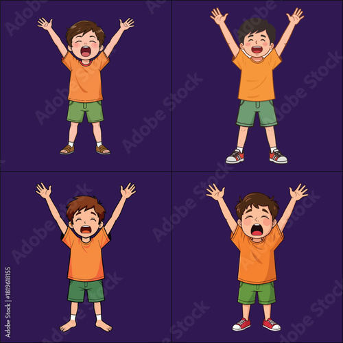 Four cartoon boys in orange shirts and green shorts with arms raised and mouths open vactor