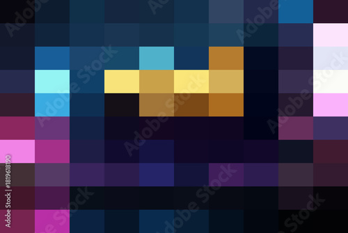 Abstract pixelated composition featuring a central golden shape against a dark, richly colored background of blues and purples