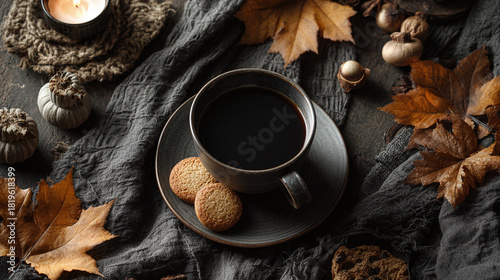 A cozy autumn still life featuring a cup of coffee, cookies and decorative leaves.
