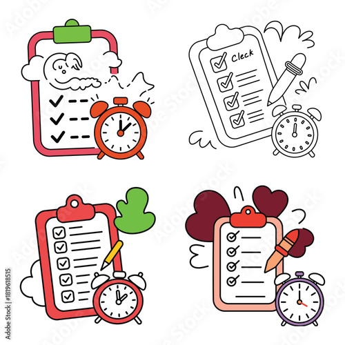 Four cartoon clipboards with checklists and alarm clocks in various colors vactor to do list