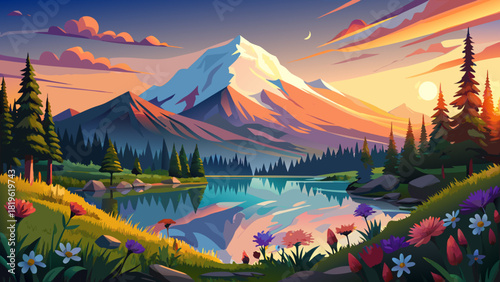 Very beautiful panoramic landscape of Mount Hood at sunrise, with golden light illuminating the peak, vibrant summer wildflowers, and perfect glass-like reflections on Lake Trillium, set within the 