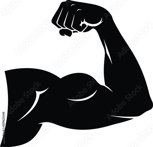 Flexed Arm Muscle Silhouette Vector Illustration, Bicep Curl and Strong Hand Graphic, Power and Strength Symbol, Fitness and Bodybuilding Icon, Black Monochrome Design, Isolated on White