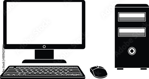Desktop Computer Silhouette Vector Illustration, Full PC Setup with Monitor, CPU Tower, Keyboard, and Mouse Graphic, Technology and Office Equipment Icon, Isolated on White