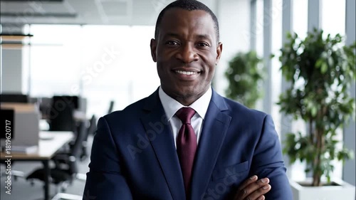 Wallpaper Mural A confident african american businessman in a sharp navy suit and burgundy tie smiles with arms crossed in a modern office setting Torontodigital.ca