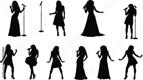 Female Singer Silhouettes Vector Set, Women Vocalists Holding Microphones on Stage, Live Performance and Music Concert Graphic, Entertainment and Pop Star Outline, Isolated on White