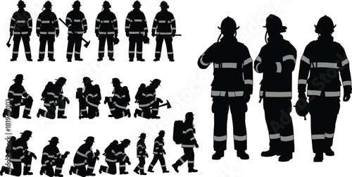 Firefighter and Rescue Worker Silhouettes Vector Set, Emergency Services Team in Uniform and Gear, Fireman Standing, Kneeling, and Walking Poses, Safety and Occupation Graphic, Isolated on White