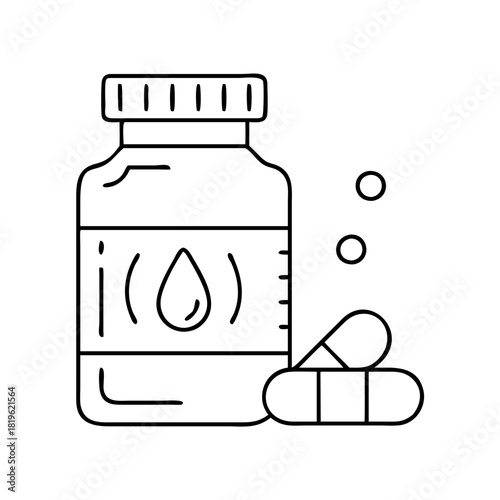 Line art icon of an iodine supplement bottle and capsules, symbolizing health and wellness