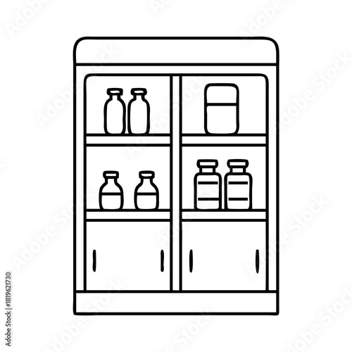 Line art illustration of a medical cabinet with shelves full of bottles and containers