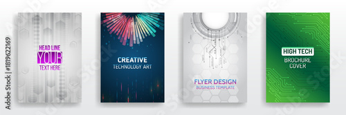 A set of modern high-tech flyer designs featuring geometric shapes, digital circuits, and futuristic elements, perfect for technology, business, and creative presentations.