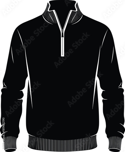 Quarter-Zip Pullover Sweatshirt Silhouette Vector Illustration, Men's Black Fleece Jumper Mockup, High Collar Quarter Zip Apparel Template, Casual Sportswear Outline, Isolated on White