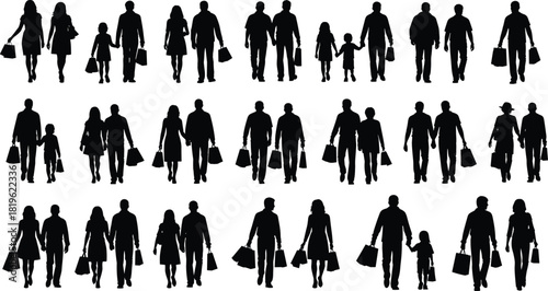People Shopping Silhouettes Vector Set, Diverse Families and Couples Holding Shopping Bags, Retail and Consumerism Graphic, Full Body Outline, Black Monochrome Design, Isolated on White