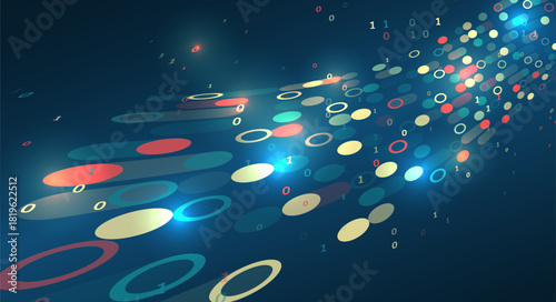 Dynamic digital background with colorful oval shapes and binary code flowing across a dark blue space, symbolizing data streams and modern technology.