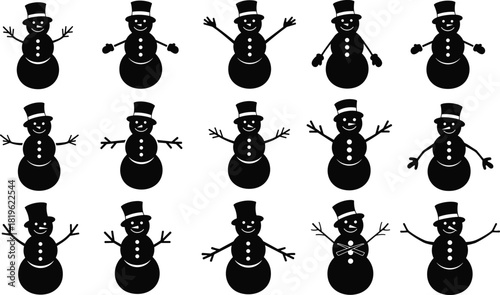 Fifteen Snowman Silhouettes Vector Set, Christmas and Winter Holiday Graphic Collection, Festive Snowmen in Top Hats and Mittens, Seasonal Decoration Icons, Black Monochrome on White