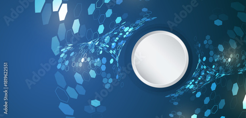 Futuristic blue background with flowing hexagonal patterns and a central circular frame, creating a modern tech-inspired digital design.
