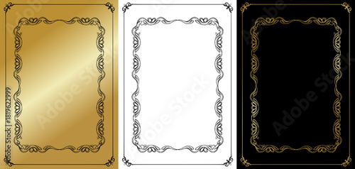 Classic Baroque frame set, isolated monochrome vector image, three variants on gold, transparent, and black backgrounds