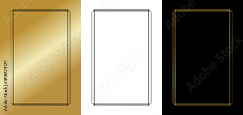 Sleek modern frame in minimalist style, isolated monochrome vector image, three variants on gold, transparent, and black backgrounds